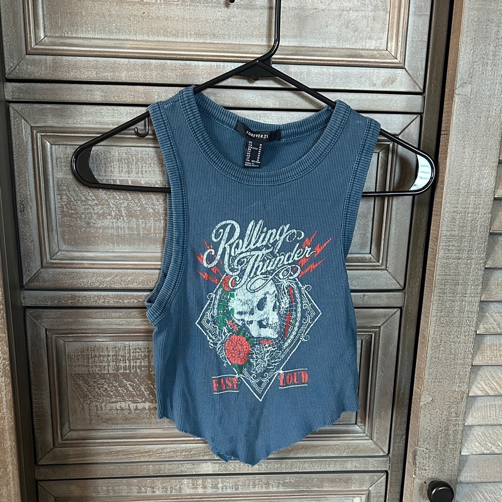 Forever 21 Blue Graphic Ribbed Crop Tank - Rolling Thunder Skull